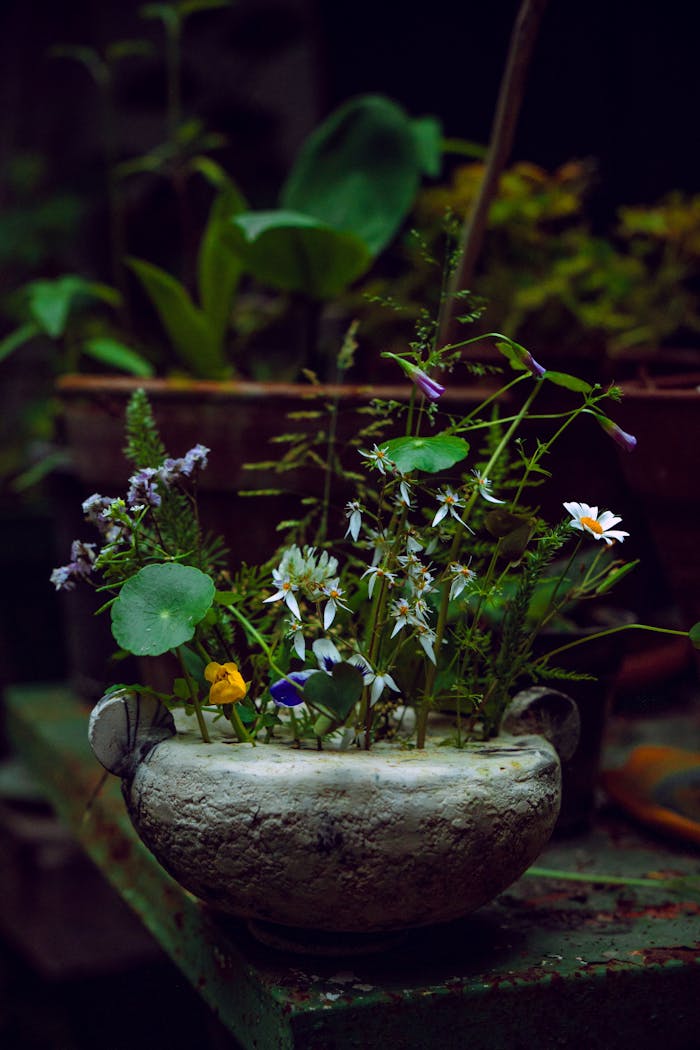 A rustic stone planter with vibrant garden flowers on a lush green background.