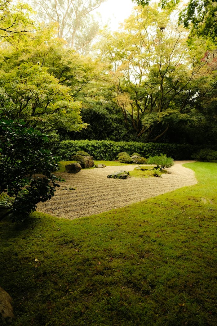 about-02 Tranquil Japanese Zen garden featuring raked sand and lush greenery in a serene outdoor setting.